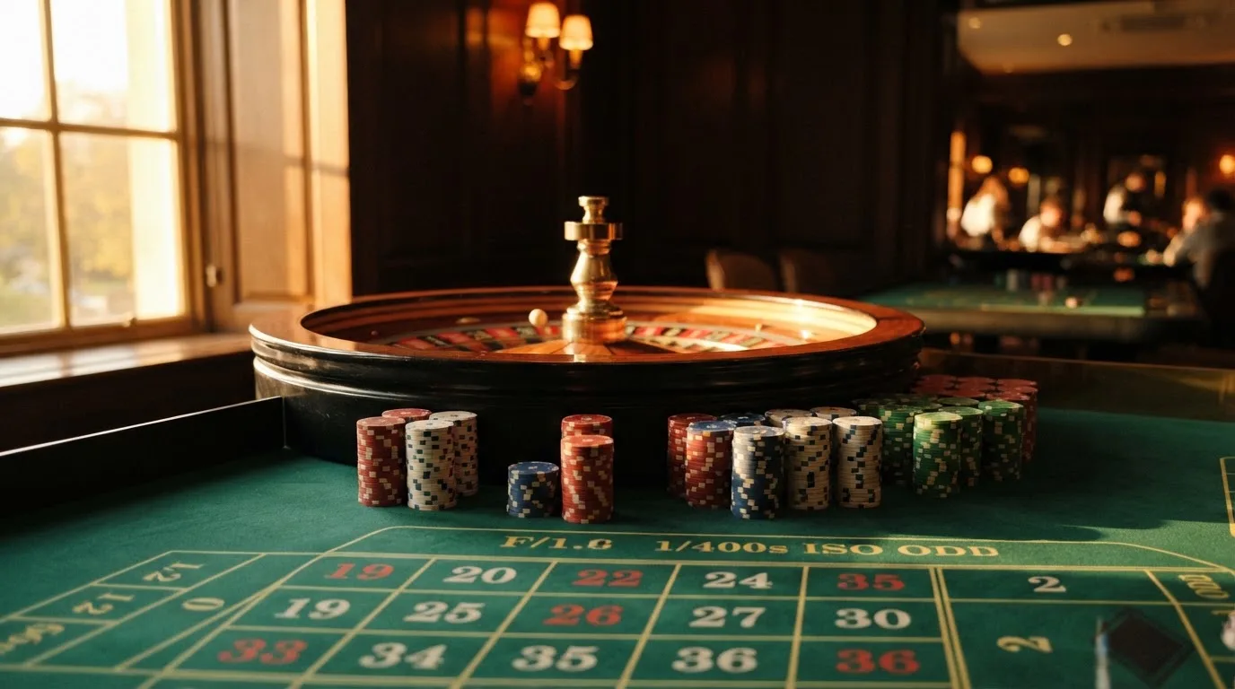 Roda de roleta e fichas sobre feltro verde, sob uma luz quente de fim de tarde — 1 euro casino em portugal