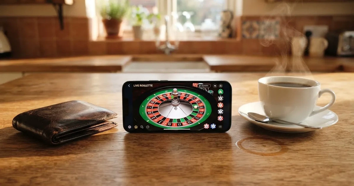 Telemóvel numa mesa de madeira ao lado de uma carteira e de uma chávena de café — 1 euro casino em portugal