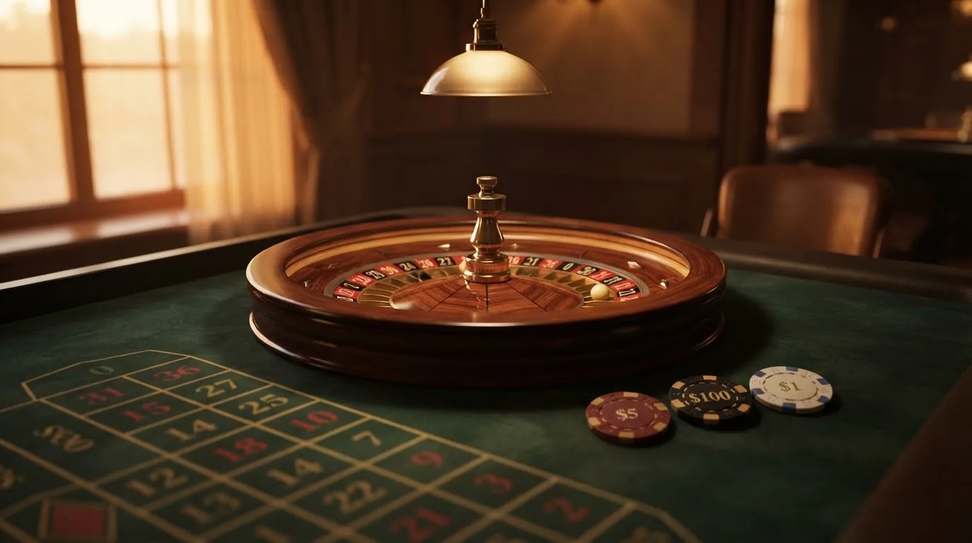 Roda de roleta e fichas sobre feltro verde, sob uma luz quente de fim de tarde — 10 euro casino em portugal