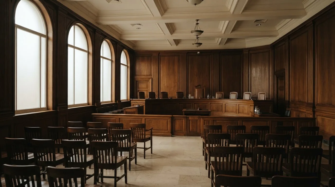 Sala de tribunal vazia com painéis de madeira, à luz da manhã — 20 euro casino em portugal