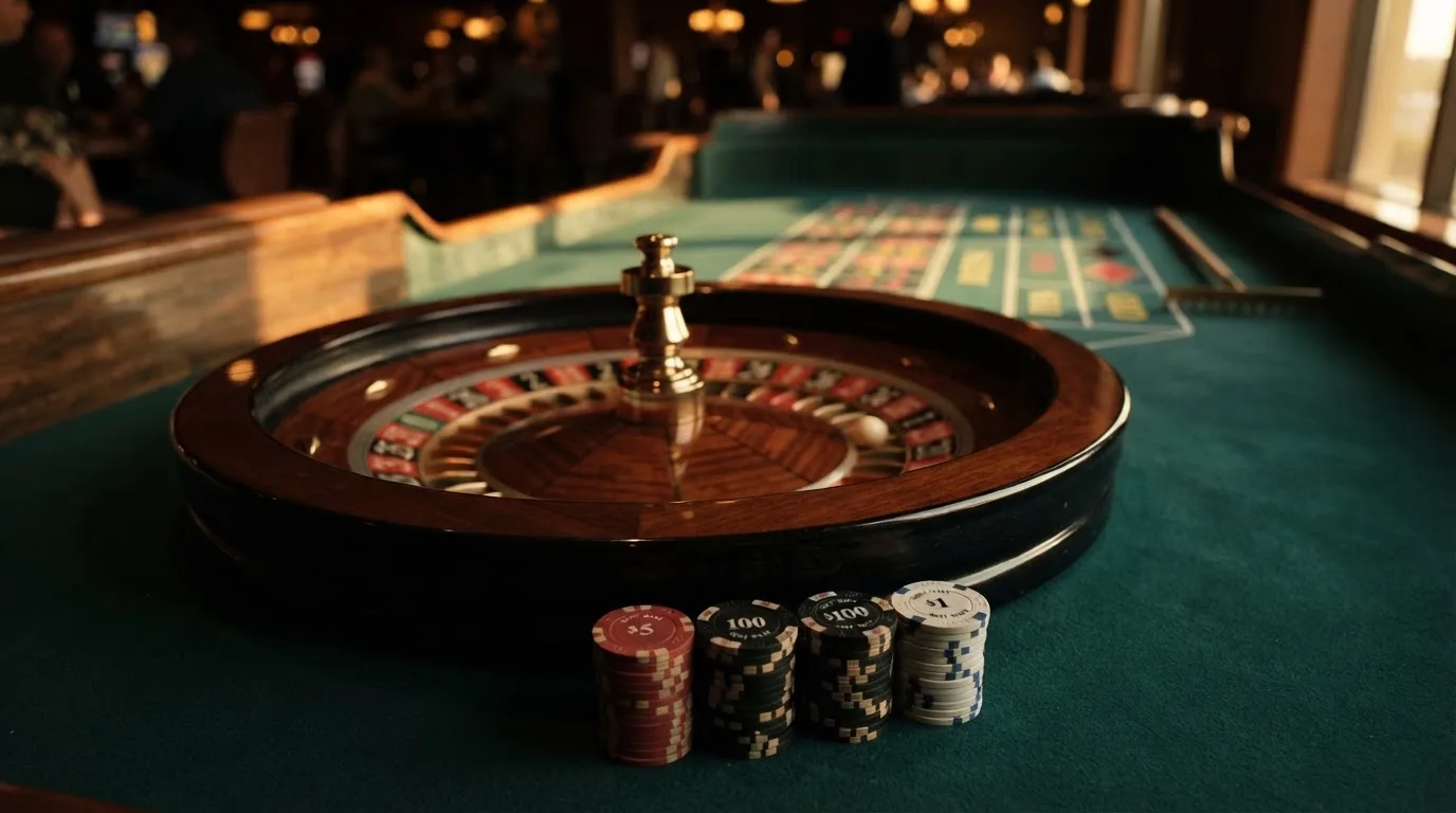 Roda de roleta e fichas sobre feltro verde, sob uma luz quente de fim de tarde — 20 euro casino em portugal