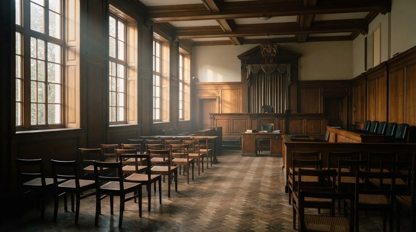 Sala de tribunal vazia com painéis de madeira, à luz da manhã — 5 euro casino em portugal