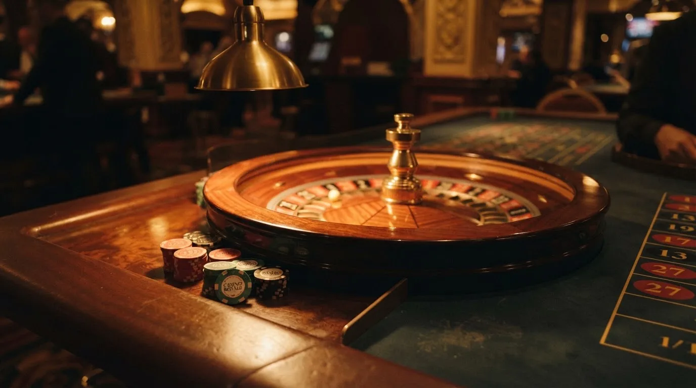 Roda de roleta e fichas sobre feltro verde, sob uma luz quente de fim de tarde — 5 euro casino em portugal