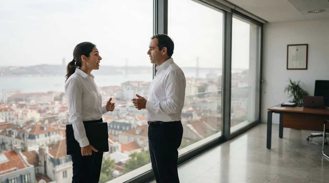 Duas pessoas de camisa a conversar junto a uma janela grande de um escritório público, com a cidade de Lisboa desfocada atrás.