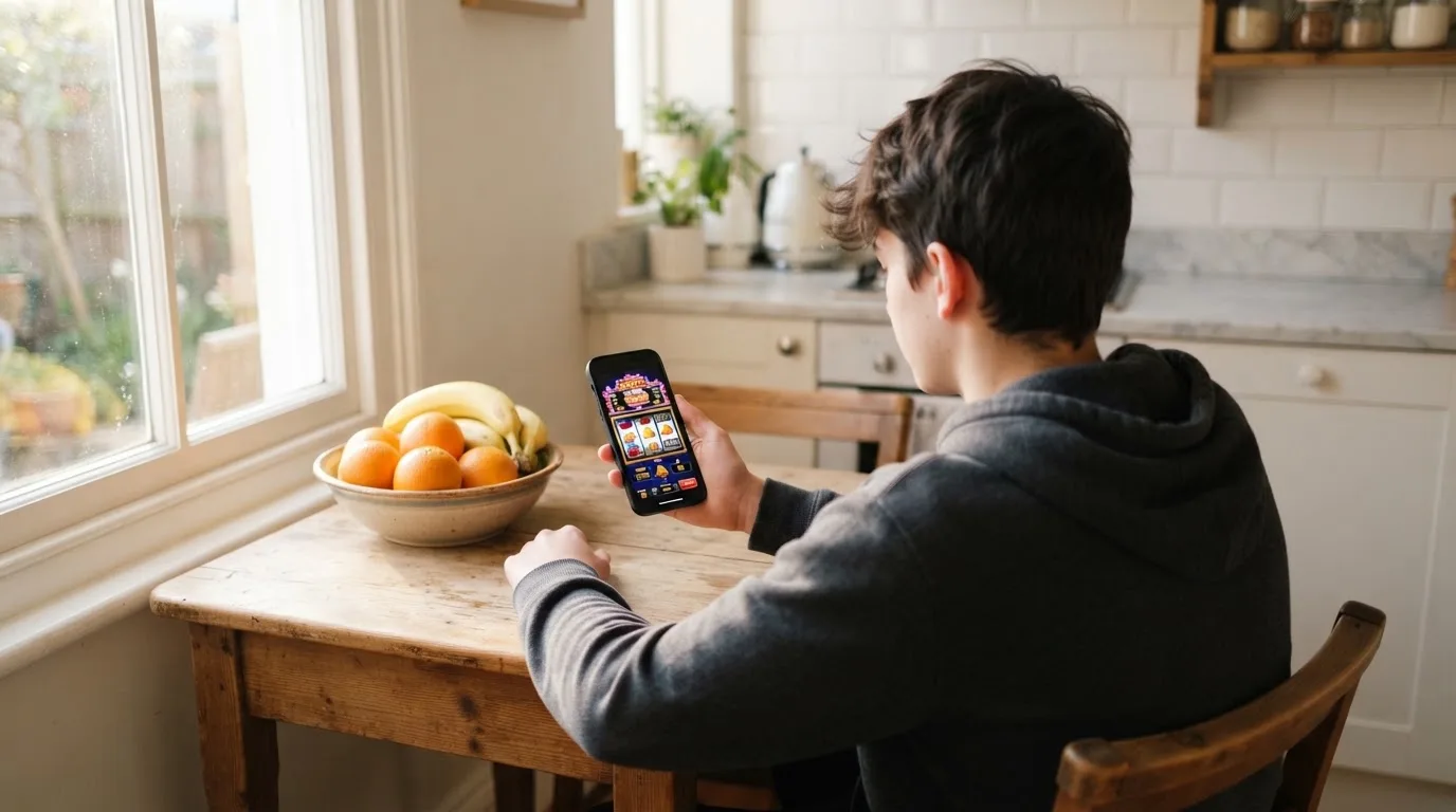 Jovem sentado numa mesa de cozinha a usar o telemóvel com as duas mãos, com uma tigela de fruta ao lado e luz da manhã.