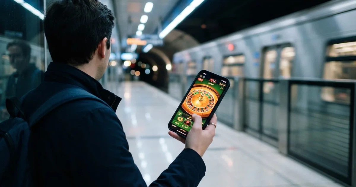 Pessoa de pé numa estação de metro a usar um telemóvel com a mão direita, com carruagem desfocada e luz fria ao fundo.