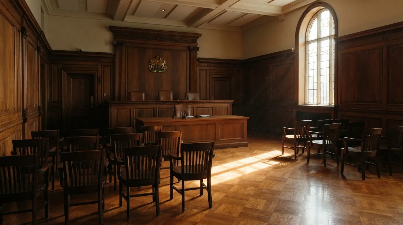 Sala de tribunal vazia com painéis de madeira, à luz da manhã — blackjack ao vivo em portugal