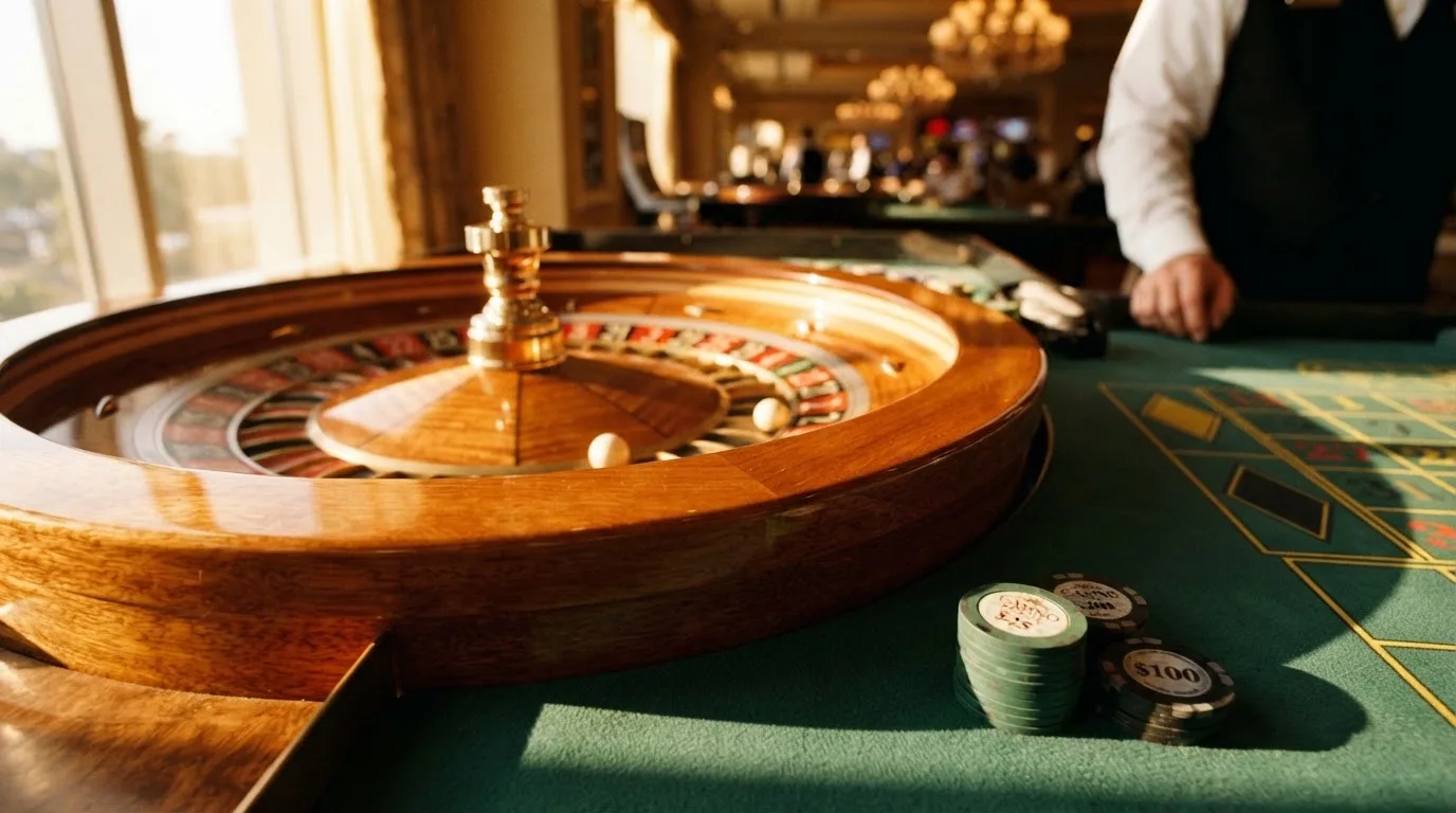 Roda de roleta e fichas sobre feltro verde, sob uma luz quente de fim de tarde — blackjack ao vivo em portugal