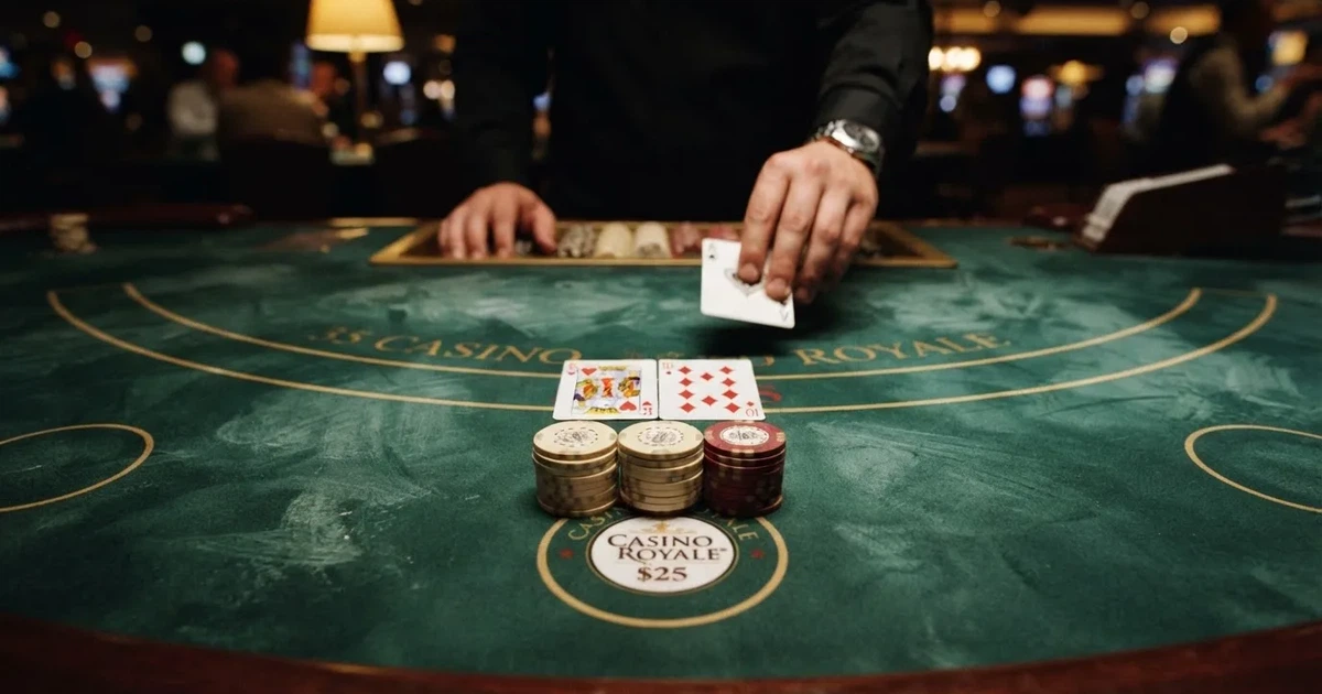 Mesa de jogo iluminada com cartas, vista de cima — blackjack ao vivo em portugal