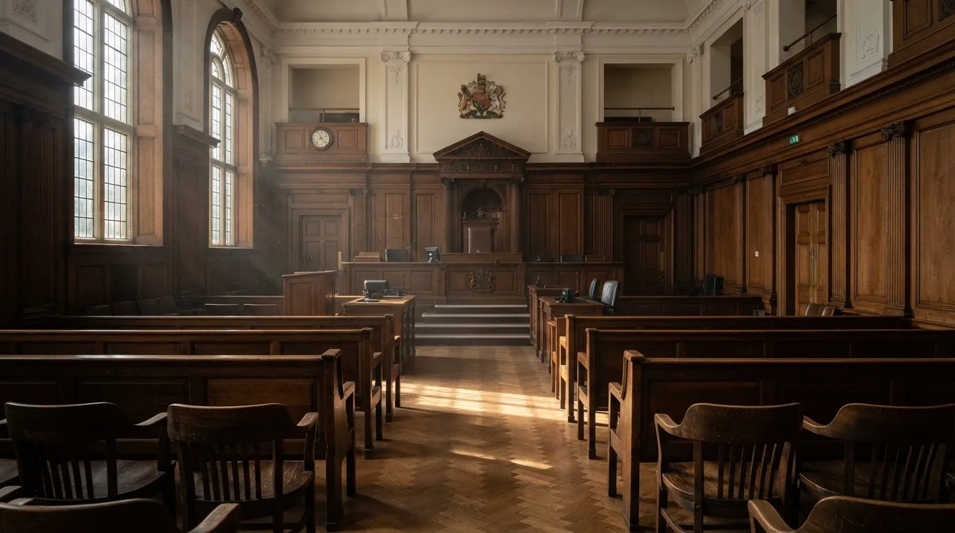 Sala de tribunal vazia com painéis de madeira, à luz da manhã — blackjack casinos em portugal