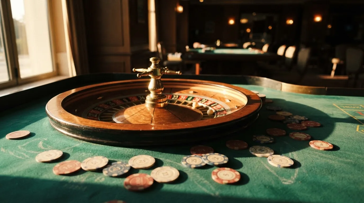 Roda de roleta e fichas sobre feltro verde, sob uma luz quente de fim de tarde — blackjack casinos em portugal