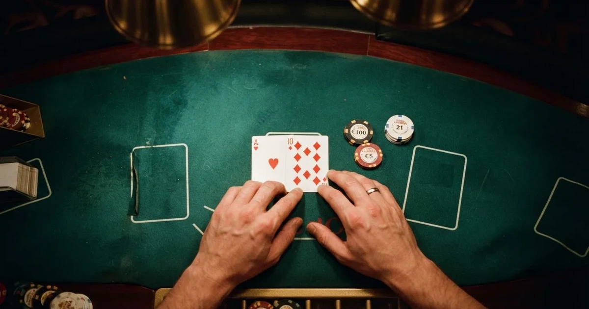 Mesa de jogo iluminada com cartas, vista de cima — blackjack casinos em portugal