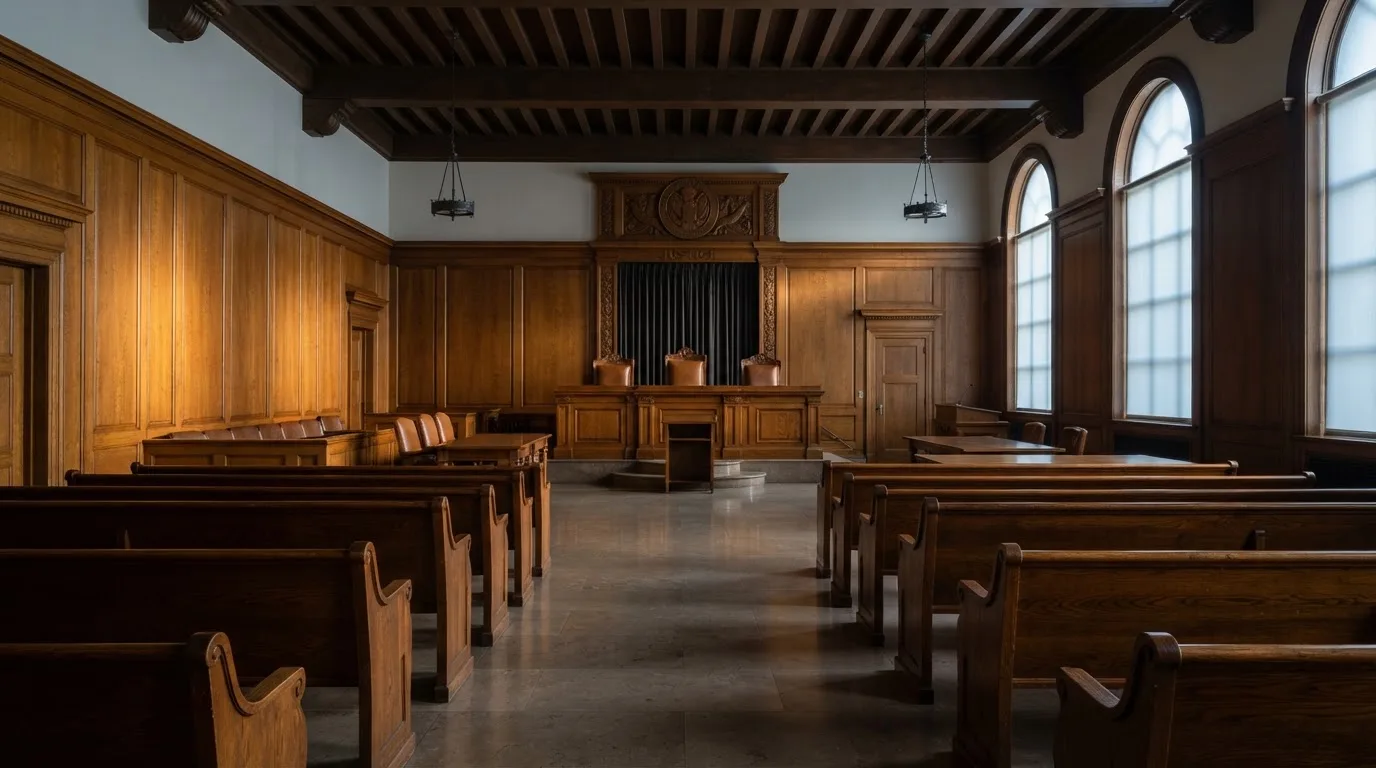 Sala de tribunal vazia com painéis de madeira, à luz da manhã — blackjack online casino em portugal