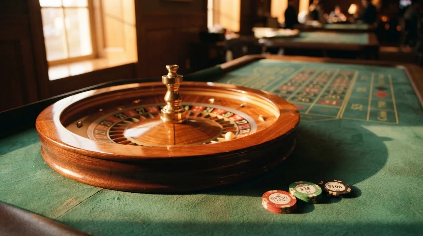 Roda de roleta e fichas sobre feltro verde, sob uma luz quente de fim de tarde — blackjack online casino em portugal