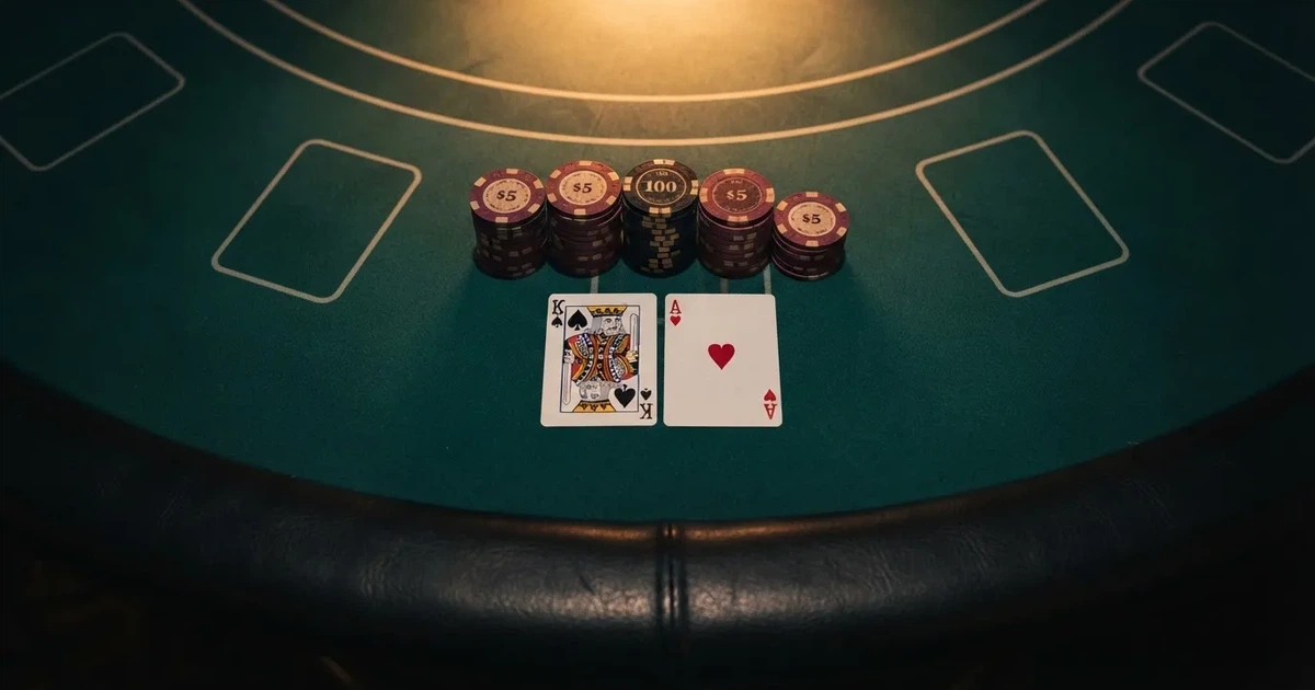 Mesa de jogo iluminada com cartas, vista de cima — blackjack online casino em portugal