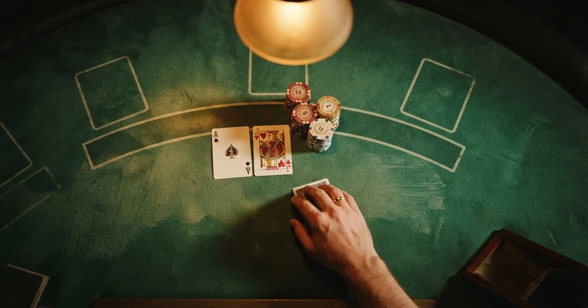 Mesa de jogo iluminada com cartas, vista de cima — blackjack regras para portugueses