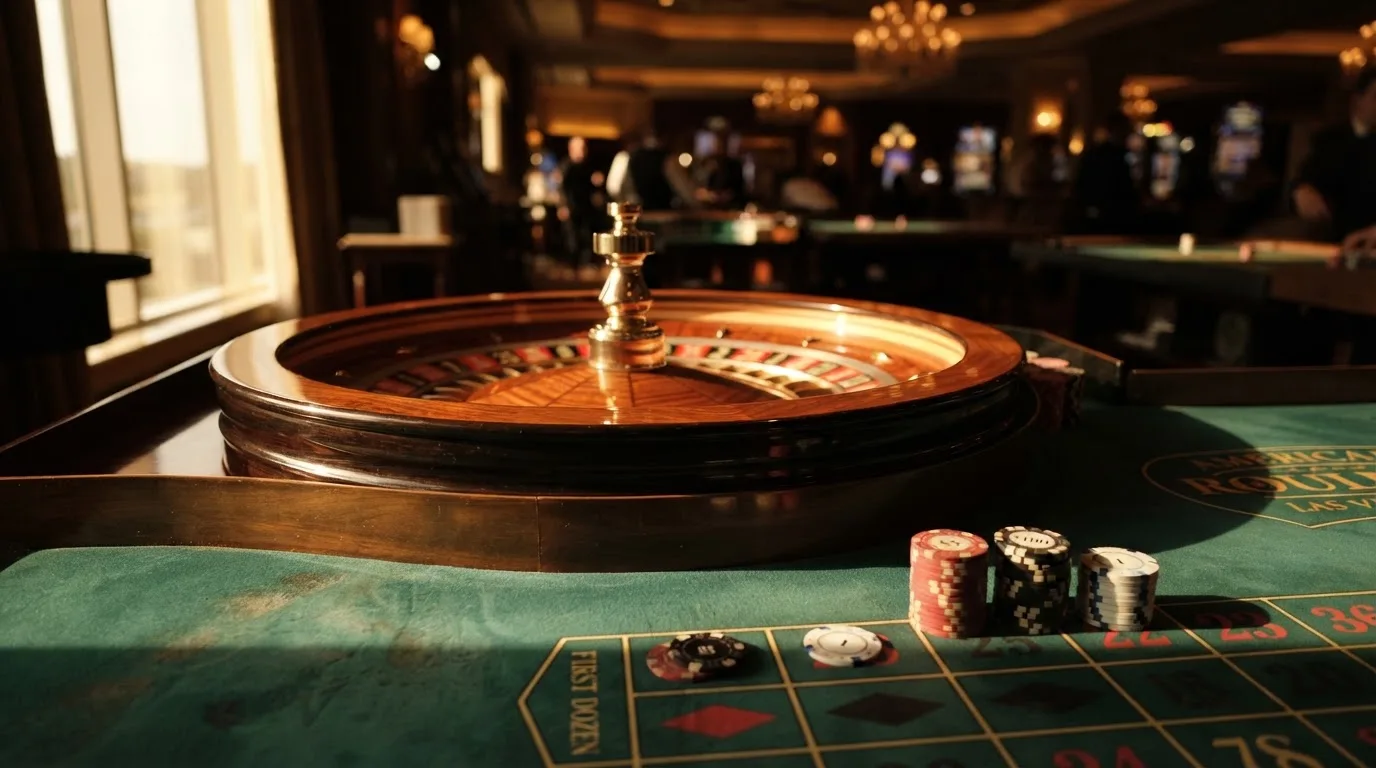 Roda de roleta e fichas sobre feltro verde, sob uma luz quente de fim de tarde — caça-níqueis em casinos portugueses
