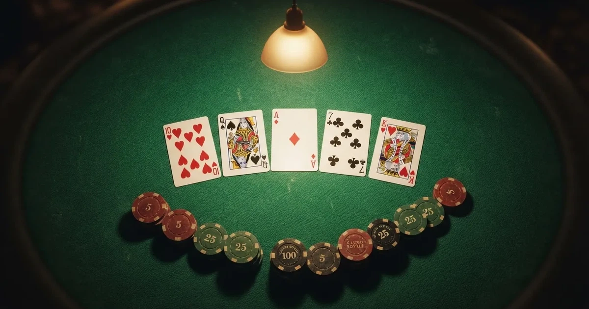Mesa de jogo iluminada com cartas, vista de cima — caça-níqueis em casinos portugueses
