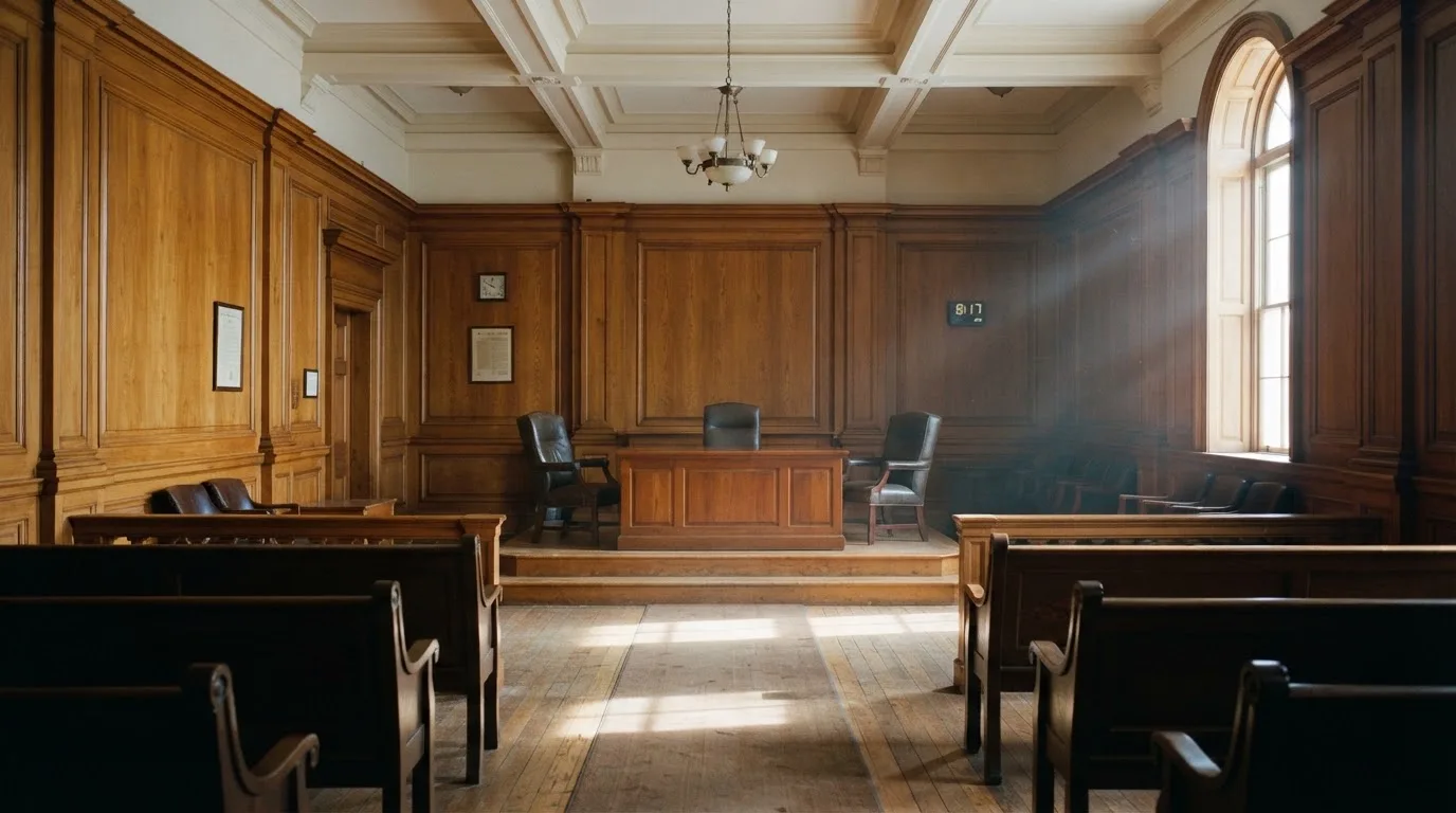 Sala de tribunal vazia com painéis de madeira, à luz da manhã — caça-níqueis grátis em portugal