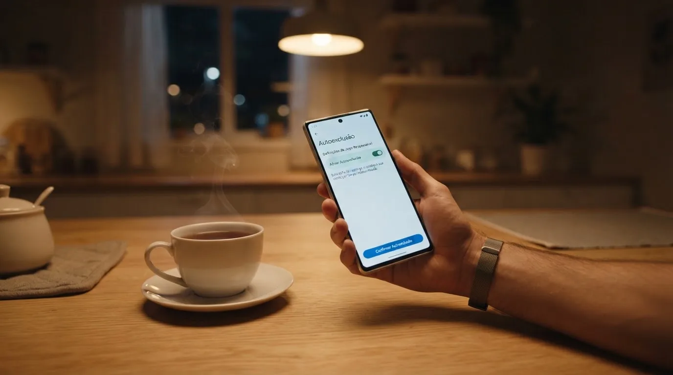 Mão a segurar um telemóvel ao lado de uma chávena de chá numa mesa de cozinha, numa noite tranquila — casino apostas em portugal