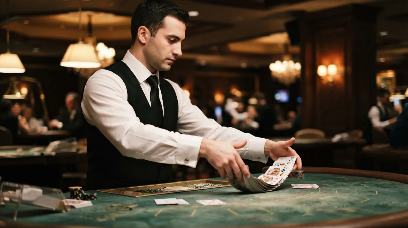 Croupier de gravata a baralhar cartas com destreza, vista lateral, fundo desfocado de um salão de casino em Portugal.