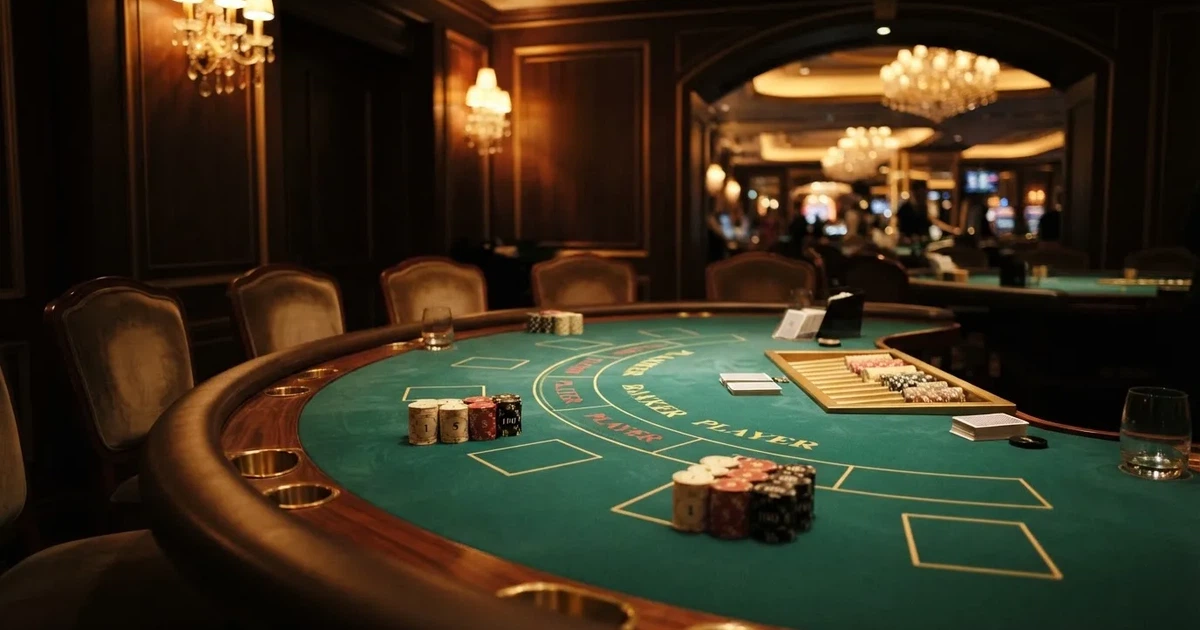 Mesa semicircular de bacará num casino elegante, com feltro verde e lugares vazios, iluminação dourada e fichas arrumadas por cores.