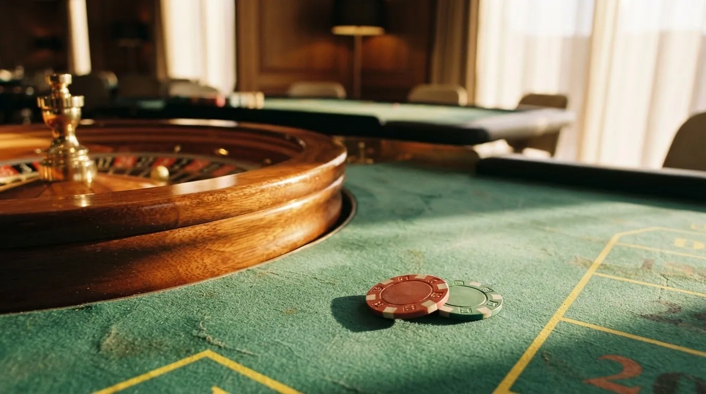 Roda de roleta e fichas sobre feltro verde, sob uma luz quente de fim de tarde — casino com bingo em portugal