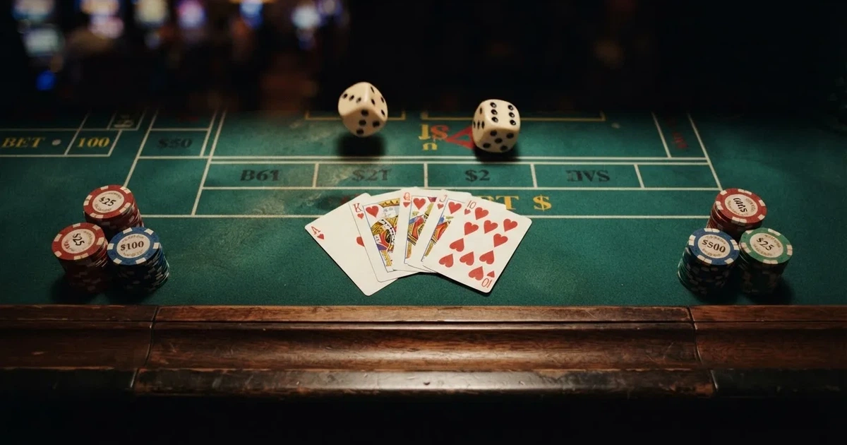 Mesa de jogo iluminada com cartas, vista de cima — casino com bingo em portugal