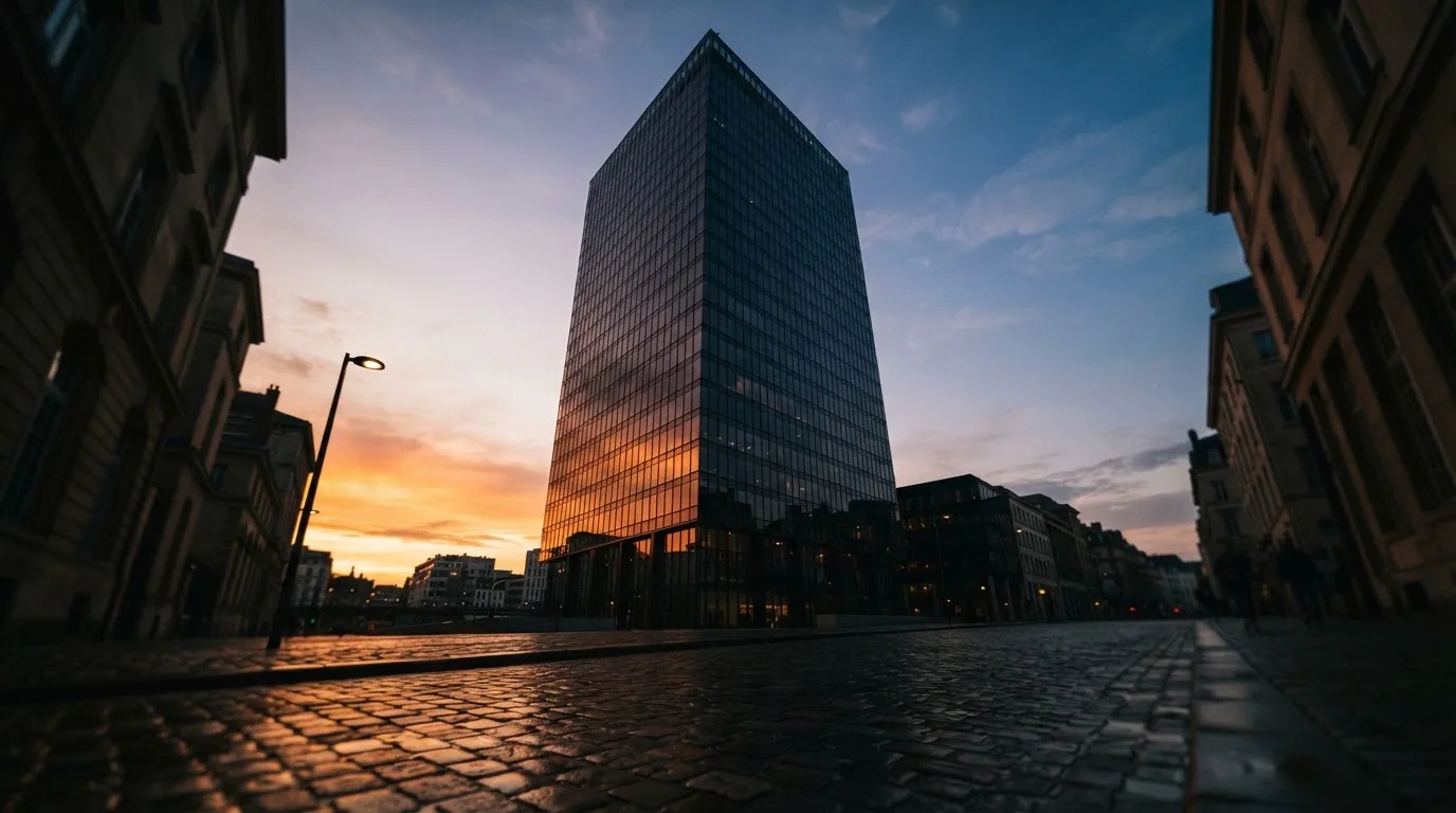 Edifício de escritórios com fachada de vidro ao entardecer, reflexo do céu cor-de-laranja e uma rua tranquila em primeiro plano.