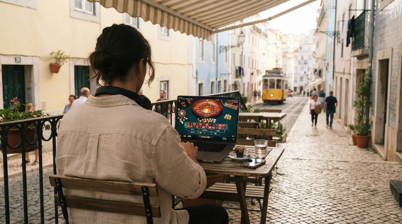Jovem a trabalhar num café com portátil e auscultadores ao pescoço, esplanada de Lisboa ao fundo, luz suave.