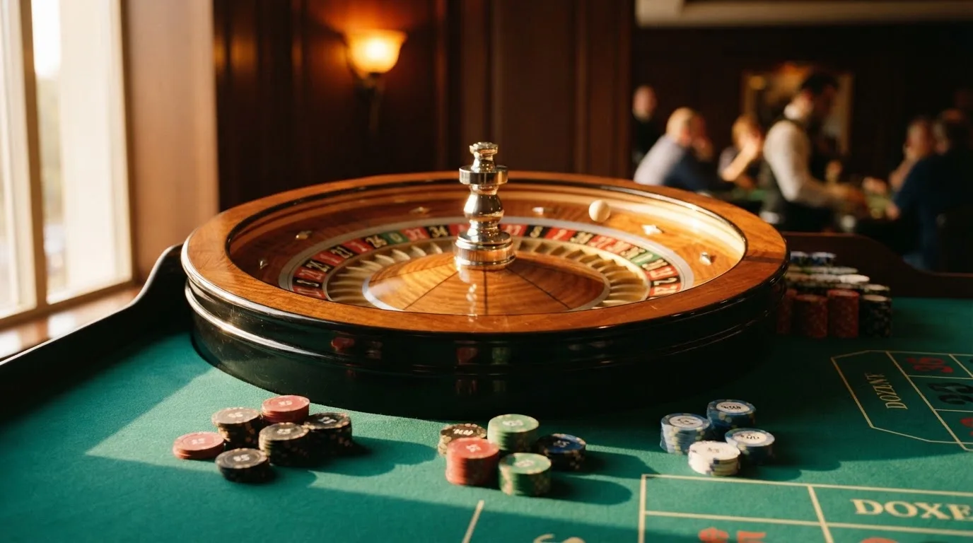 Roda de roleta e fichas sobre feltro verde, sob uma luz quente de fim de tarde — casino com bônus no cadastro pt