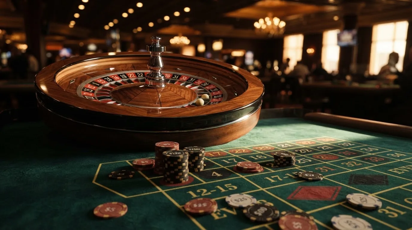 Roda de roleta e fichas sobre feltro verde, sob uma luz quente de fim de tarde — casino com dinheiro em portugal