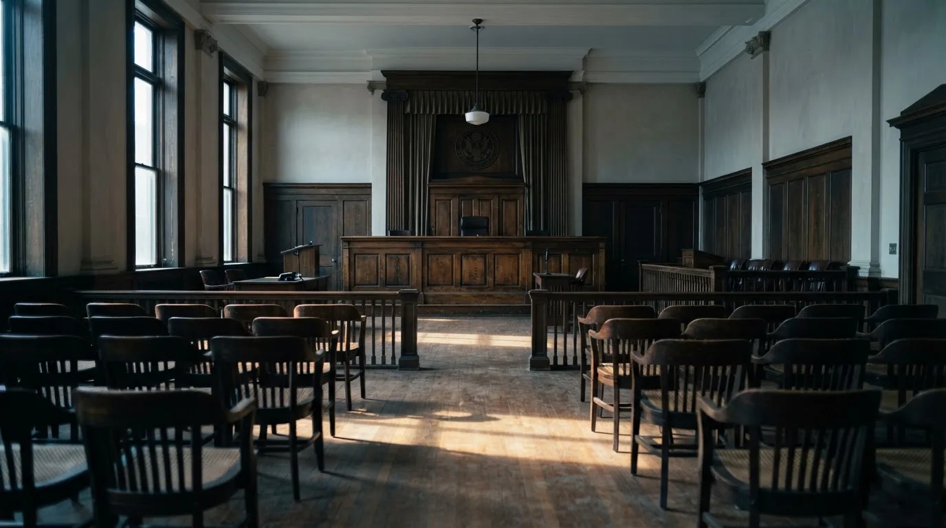 Sala de tribunal vazia com painéis de madeira, à luz da manhã — casino com ethereum em portugal