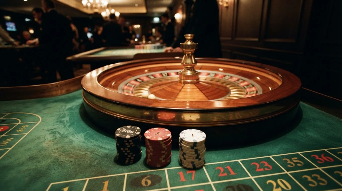 Roda de roleta e fichas sobre feltro verde, sob uma luz quente de fim de tarde — casino com ethereum em portugal