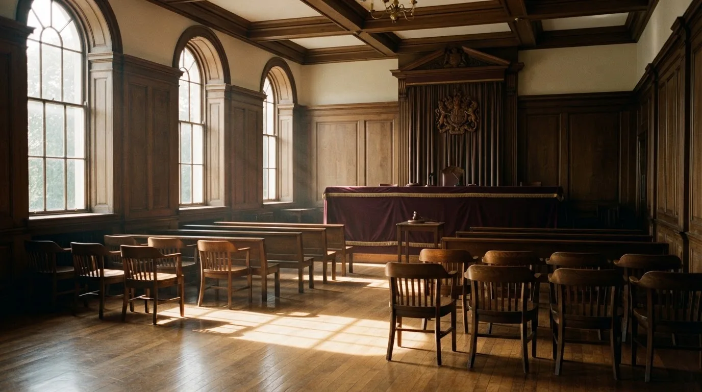 Sala de tribunal vazia com painéis de madeira, à luz da manhã — casino com free spins em portugal