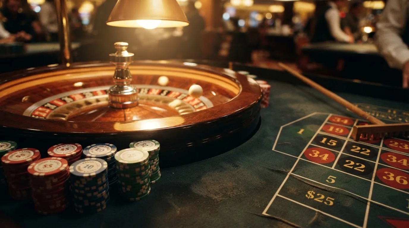 Roda de roleta e fichas sobre feltro verde, sob uma luz quente de fim de tarde — casino com free spins em portugal
