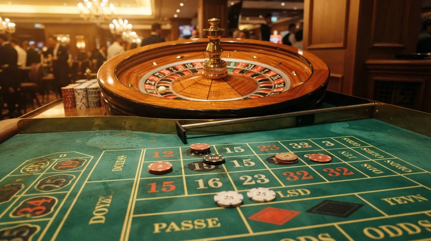 Roda de roleta e fichas sobre feltro verde, sob uma luz quente de fim de tarde — casino com grátis spins pt