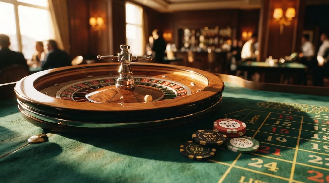 Roda de roleta e fichas sobre feltro verde, sob uma luz quente de fim de tarde — casino com levantamento pt