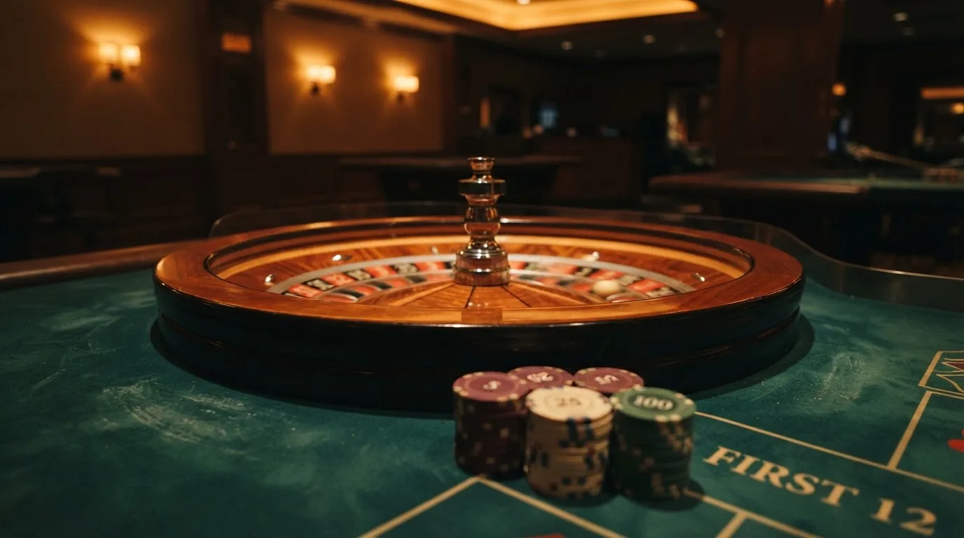 Roda de roleta e fichas sobre feltro verde, sob uma luz quente de fim de tarde — casino com litecoin em portugal