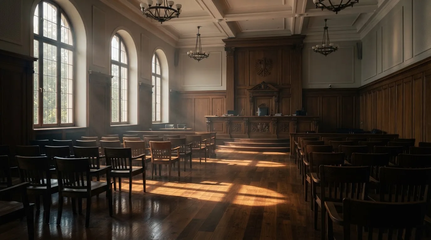 Sala de tribunal vazia com painéis de madeira, à luz da manhã — casino com solana em portugal