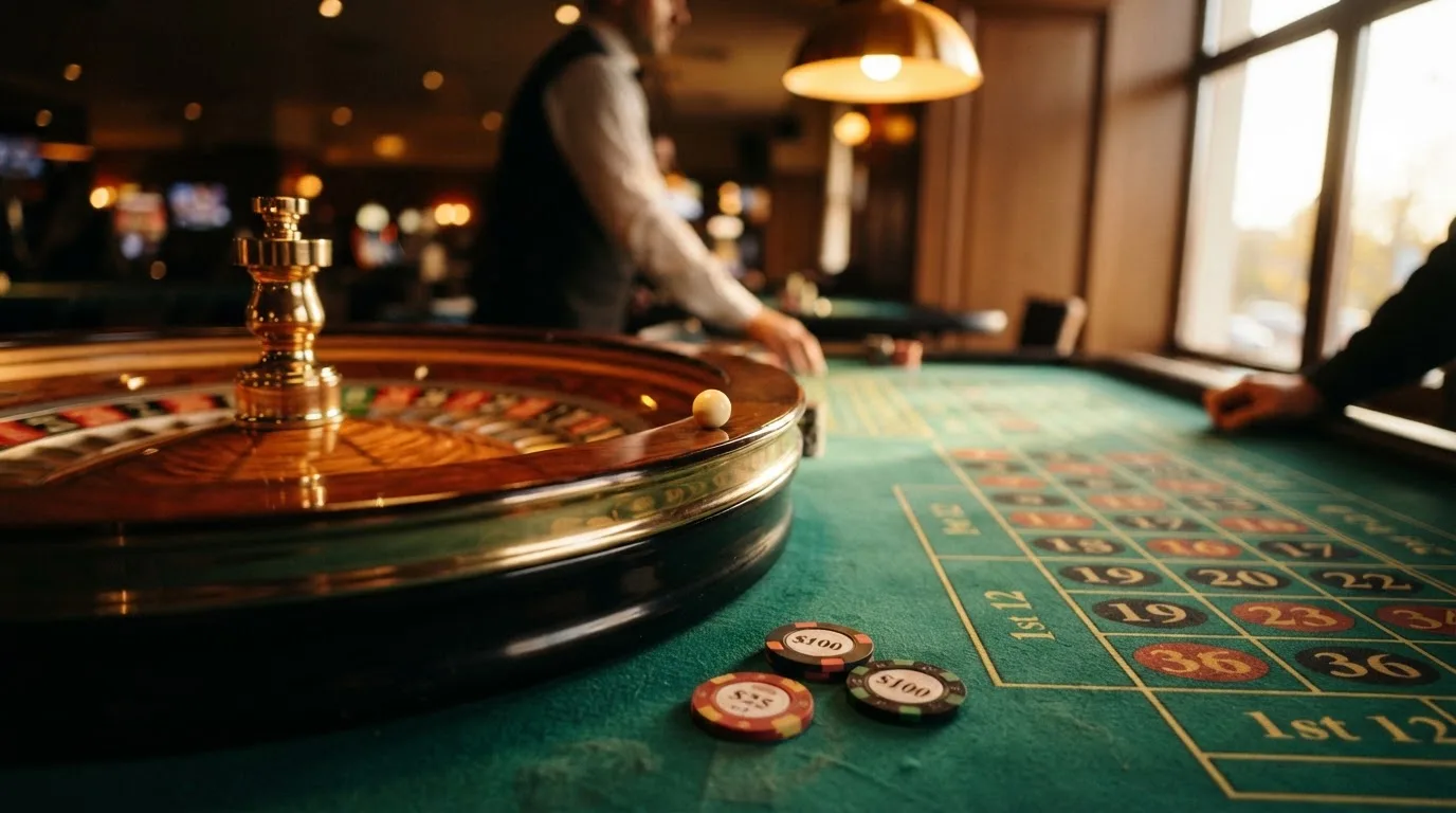 Roda de roleta e fichas sobre feltro verde, sob uma luz quente de fim de tarde — casino com solana em portugal