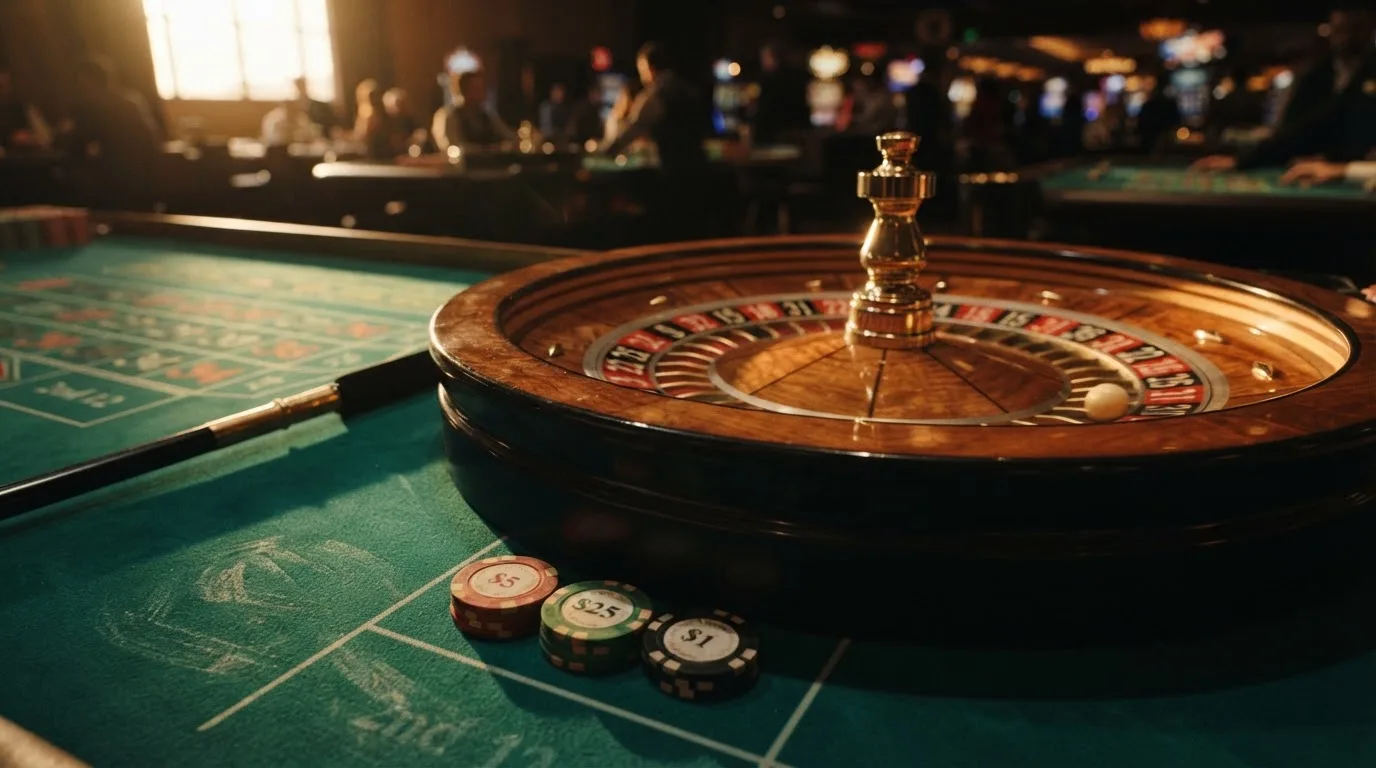 Roda de roleta e fichas sobre feltro verde, sob uma luz quente de fim de tarde — casino com tether em portugal