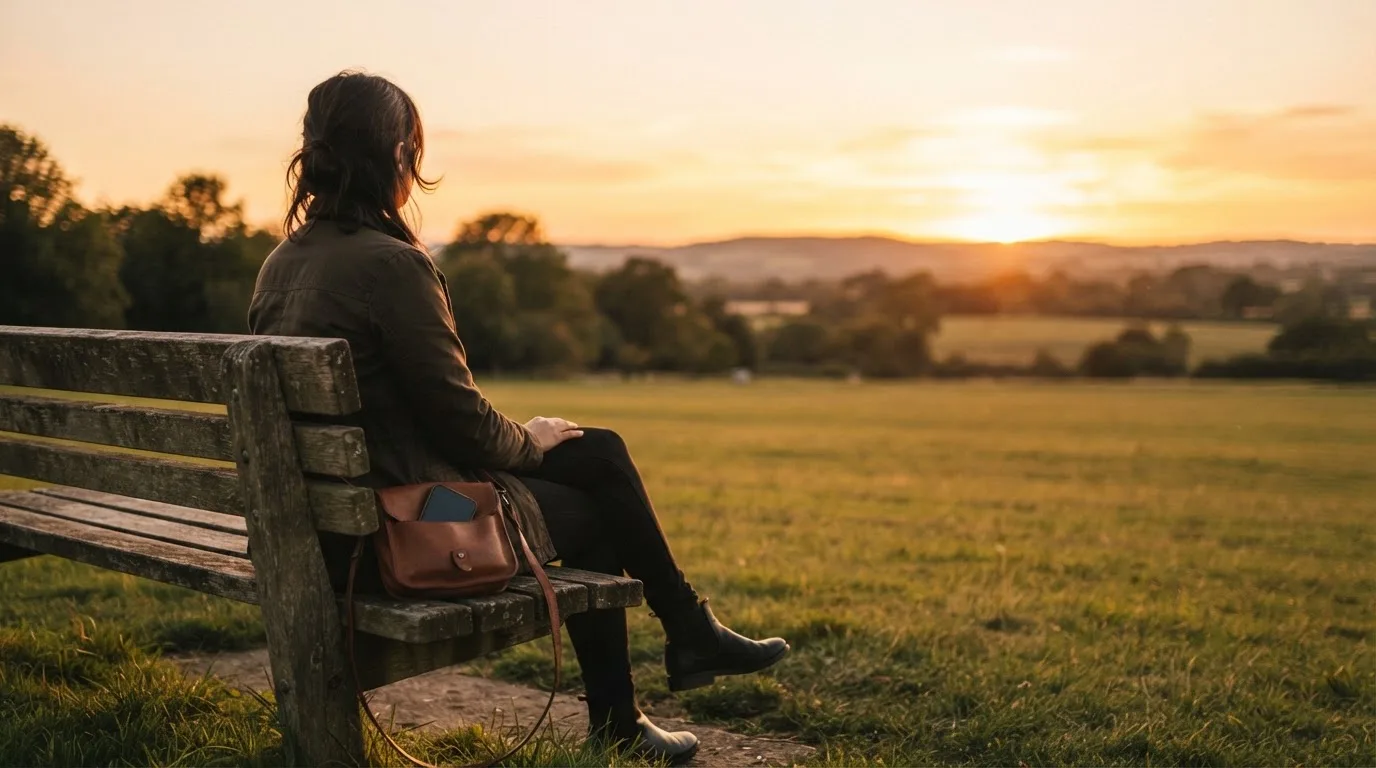 Pessoa sentada num banco de jardim ao pôr do sol, a olhar para o horizonte, com o telemóvel guardado numa mala.