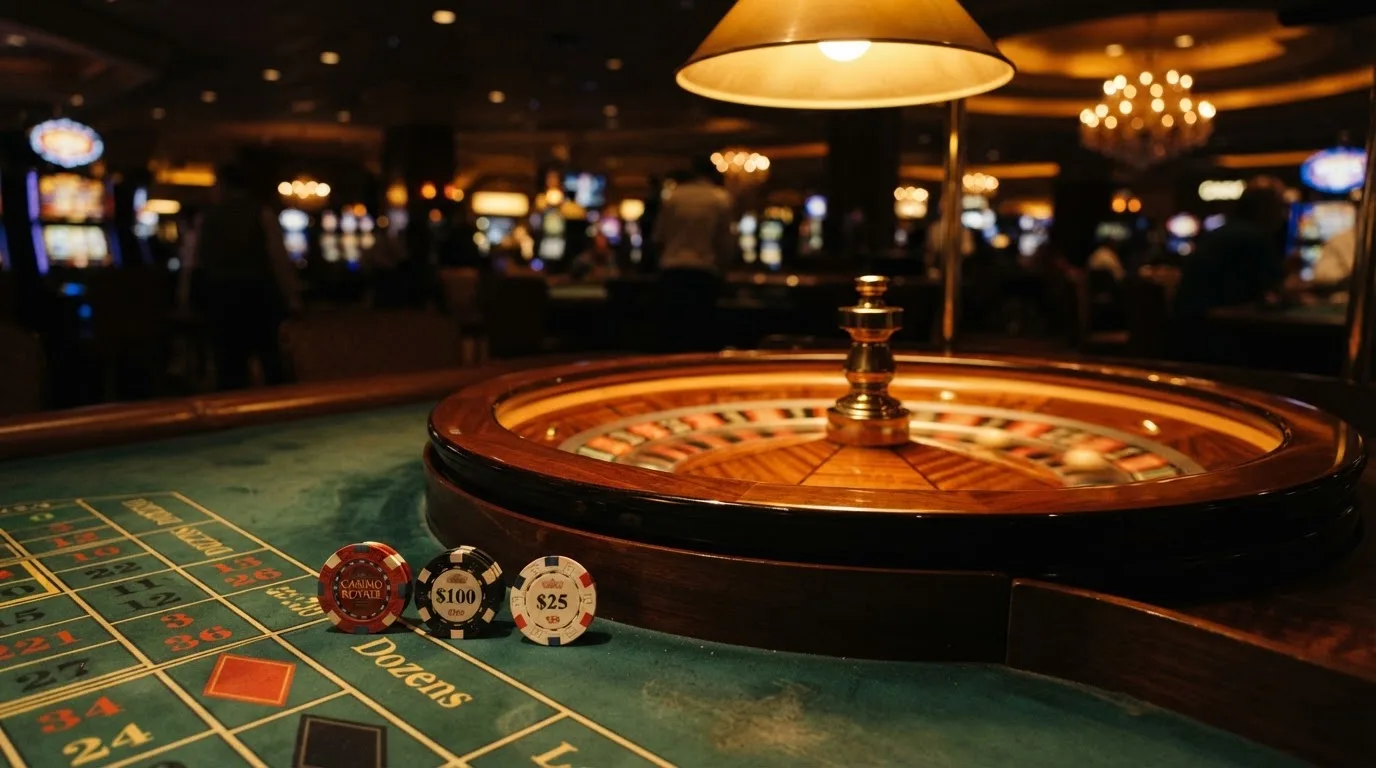 Roda de roleta e fichas sobre feltro verde, sob uma luz quente de fim de tarde — casino é confiável em portugal