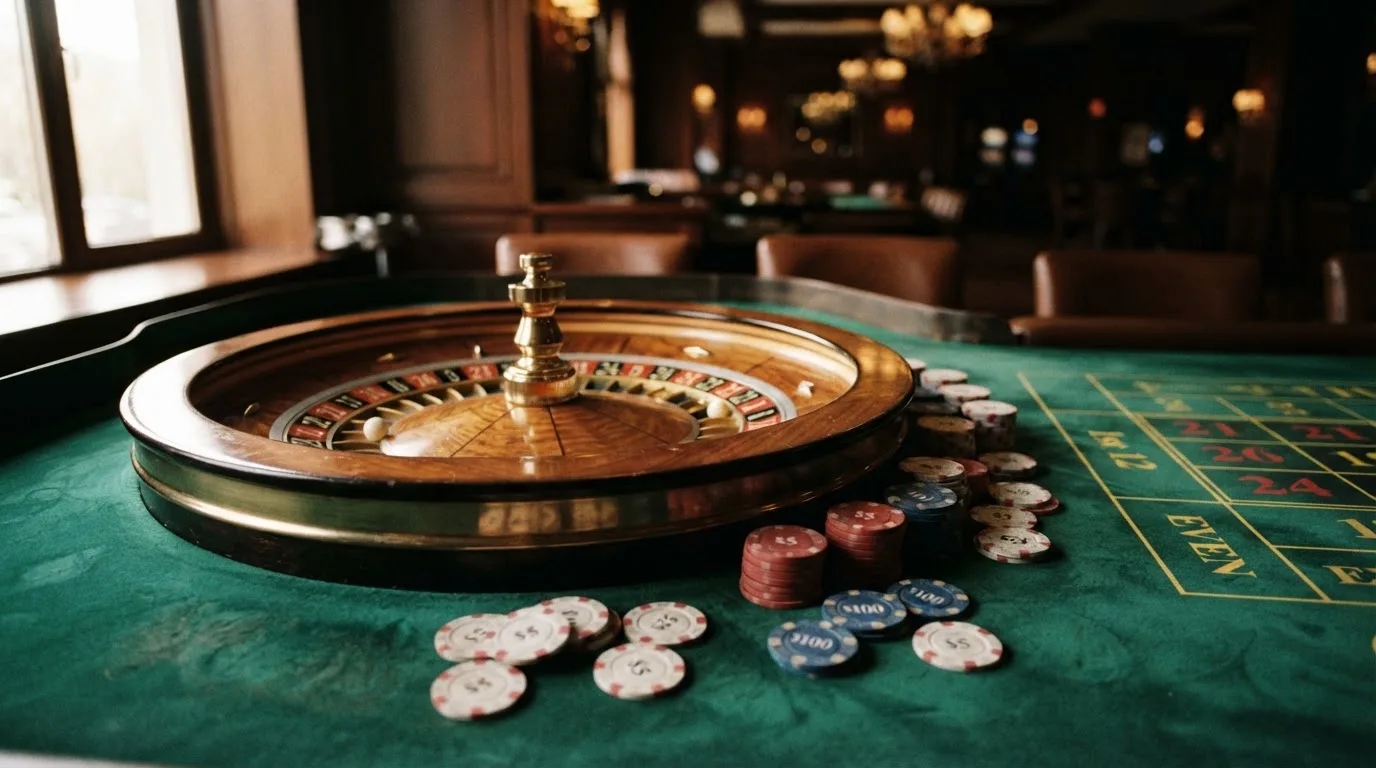Roda de roleta e fichas sobre feltro verde, sob uma luz quente de fim de tarde — casino pagamentos em portugal