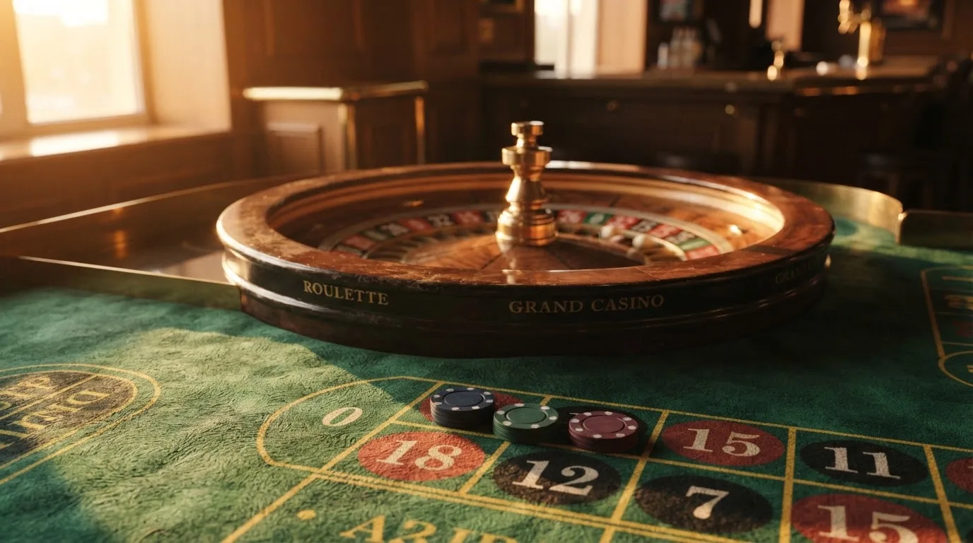 Roda de roleta e fichas sobre feltro verde, sob uma luz quente de fim de tarde — casino slots portugues