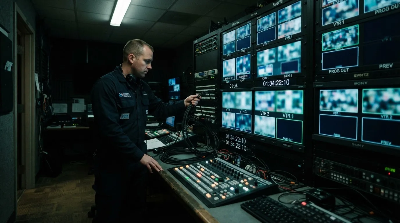 Técnico de uniforme escuro a verificar câmaras e equipamento numa sala de controlo de um estúdio de televisão, com vários monitores desfocados.