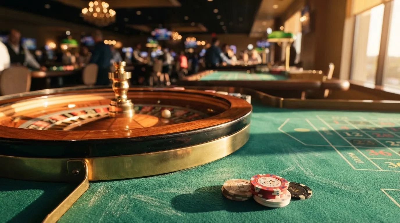 Roda de roleta e fichas sobre feltro verde, sob uma luz quente de fim de tarde — casinos com apple pay em portugal