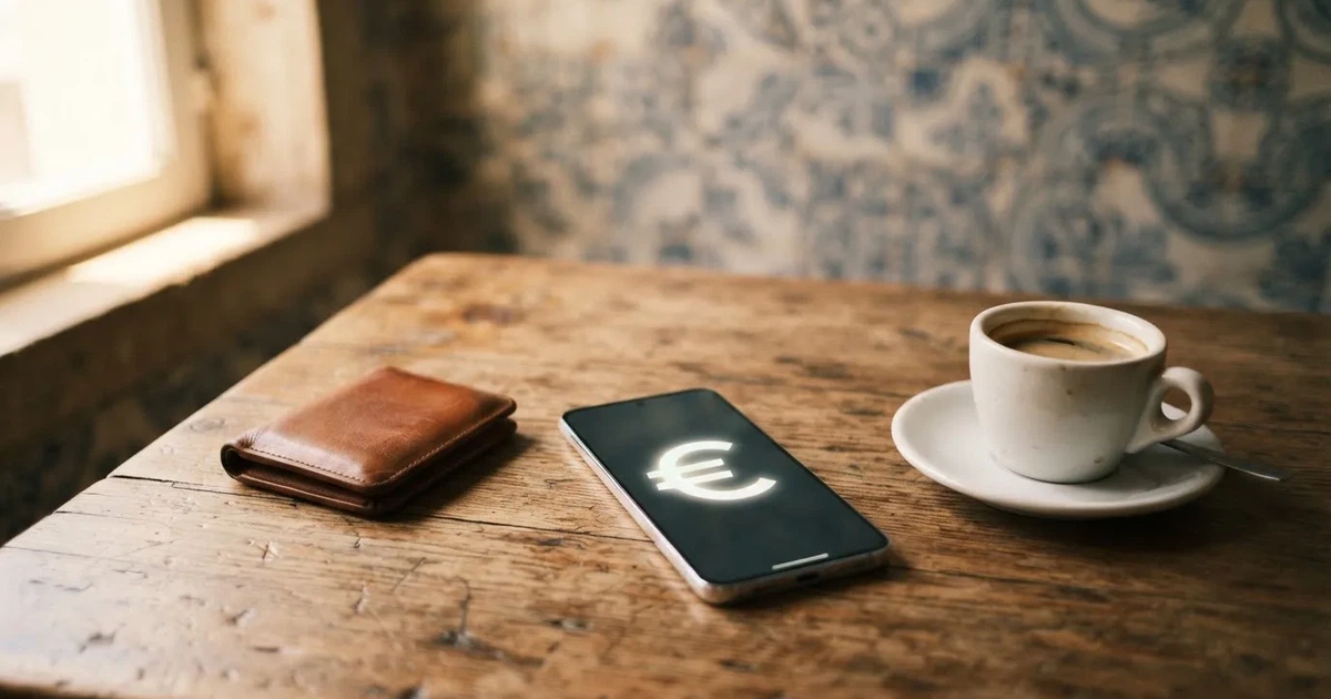 Telemóvel numa mesa de madeira ao lado de uma carteira e de uma chávena de café — casinos com apple pay em portugal