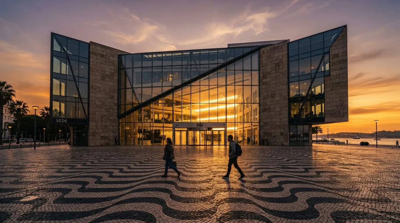 Fachada de um edifício administrativo moderno em Lisboa ao entardecer, com janelas amplas, calçada portuguesa e algumas pessoas a passar.